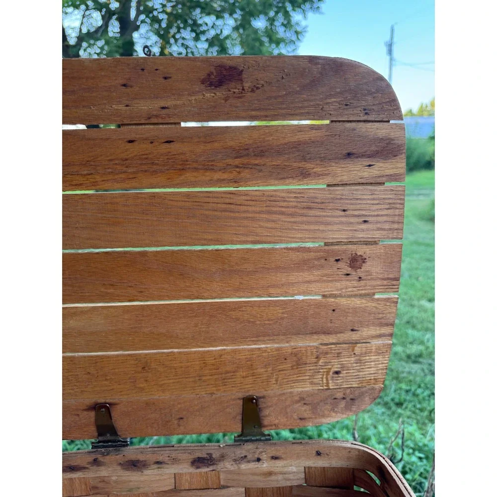 Vintage Woven Wood Pie Picnic Basket Square Carrier with Slatted Wooden Lid USED